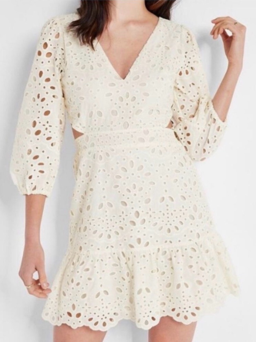 Express Cream Eyelet V-Neck Mini Dress with Cutouts